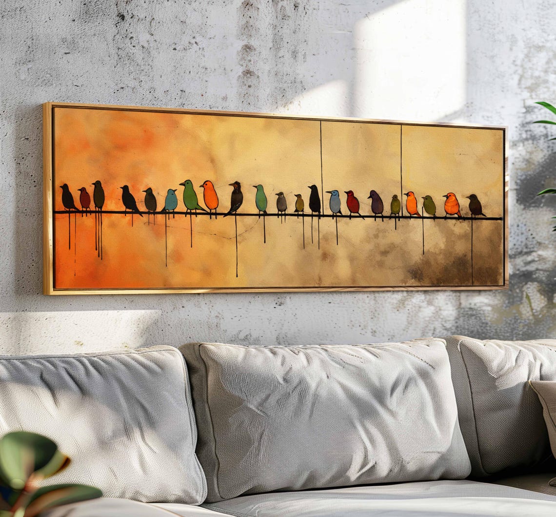 Birds Silhouettes Wire Orange Sunset Gradient Folk Art Poster
