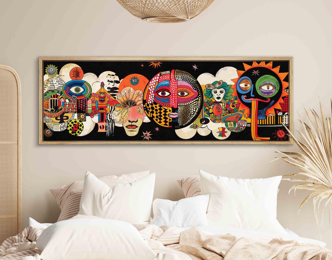 Surreal Pop Art Faces Collage Colorful Sun Eyes Black Wall Art - Image 2