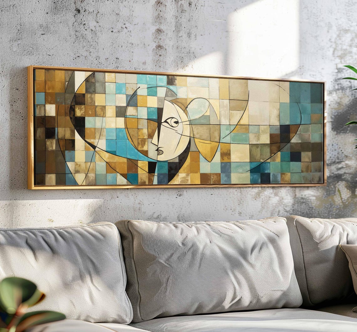 Cubist Mosaic Abstract Face Checkered Teal Ochre Panoramic Art Print