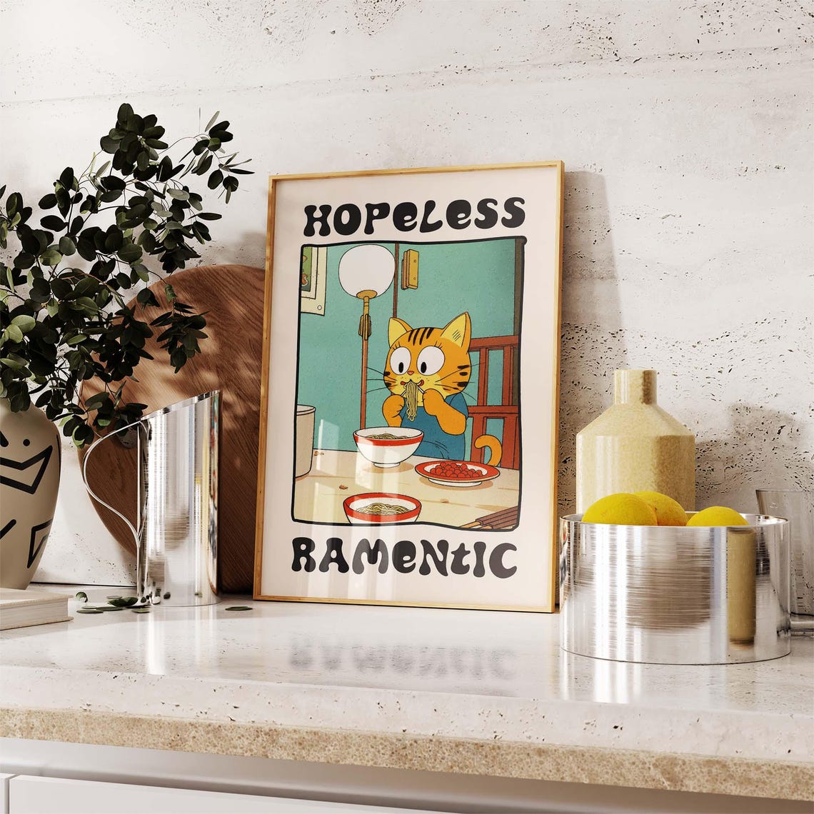 Hopeless Ramentic Funny Orange Tabby Cat Eating Ramen Retro Poster - Image 2