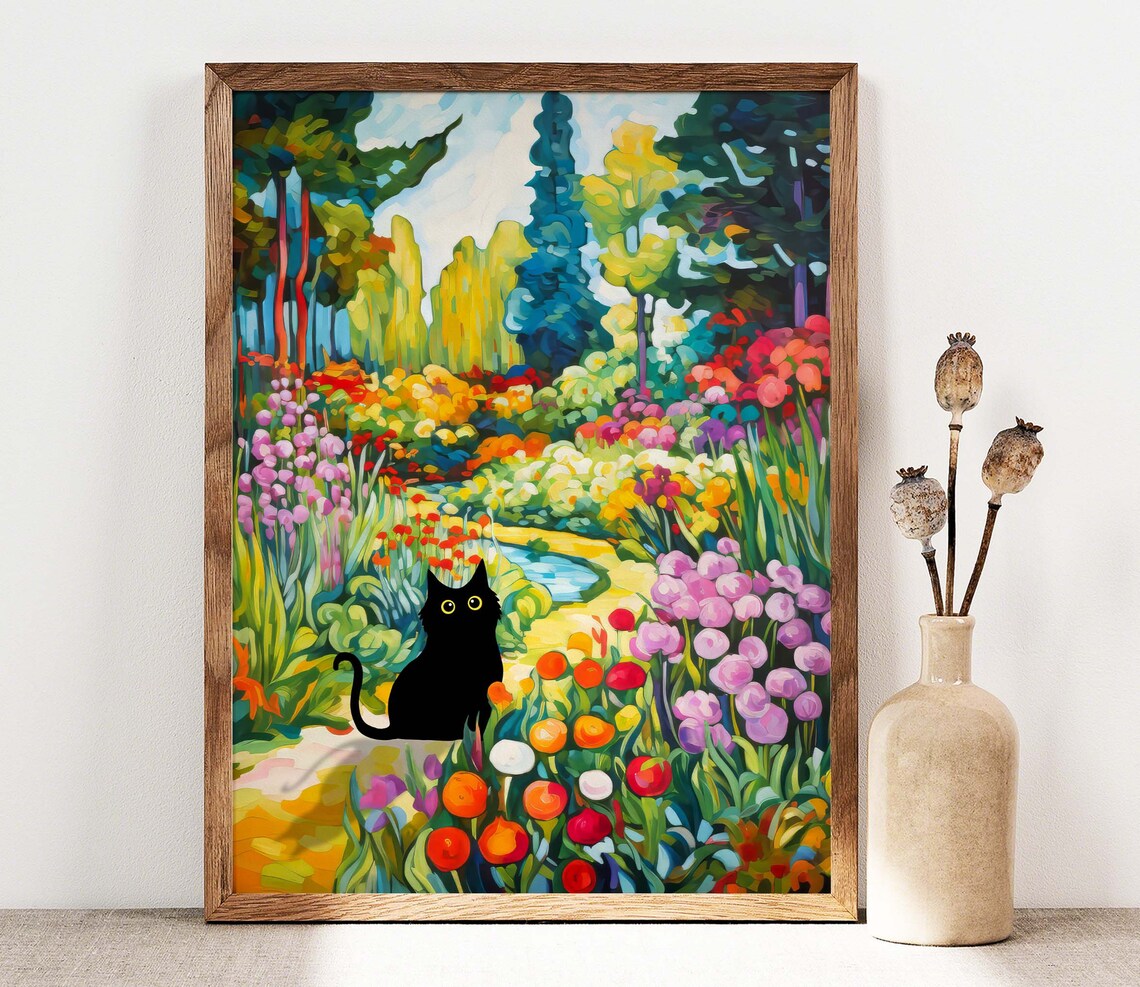 Black Cat Garden Flower Field Poster, Floral Art