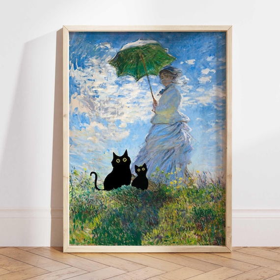 Black Cat Art, Monet-Inspired Poster Print