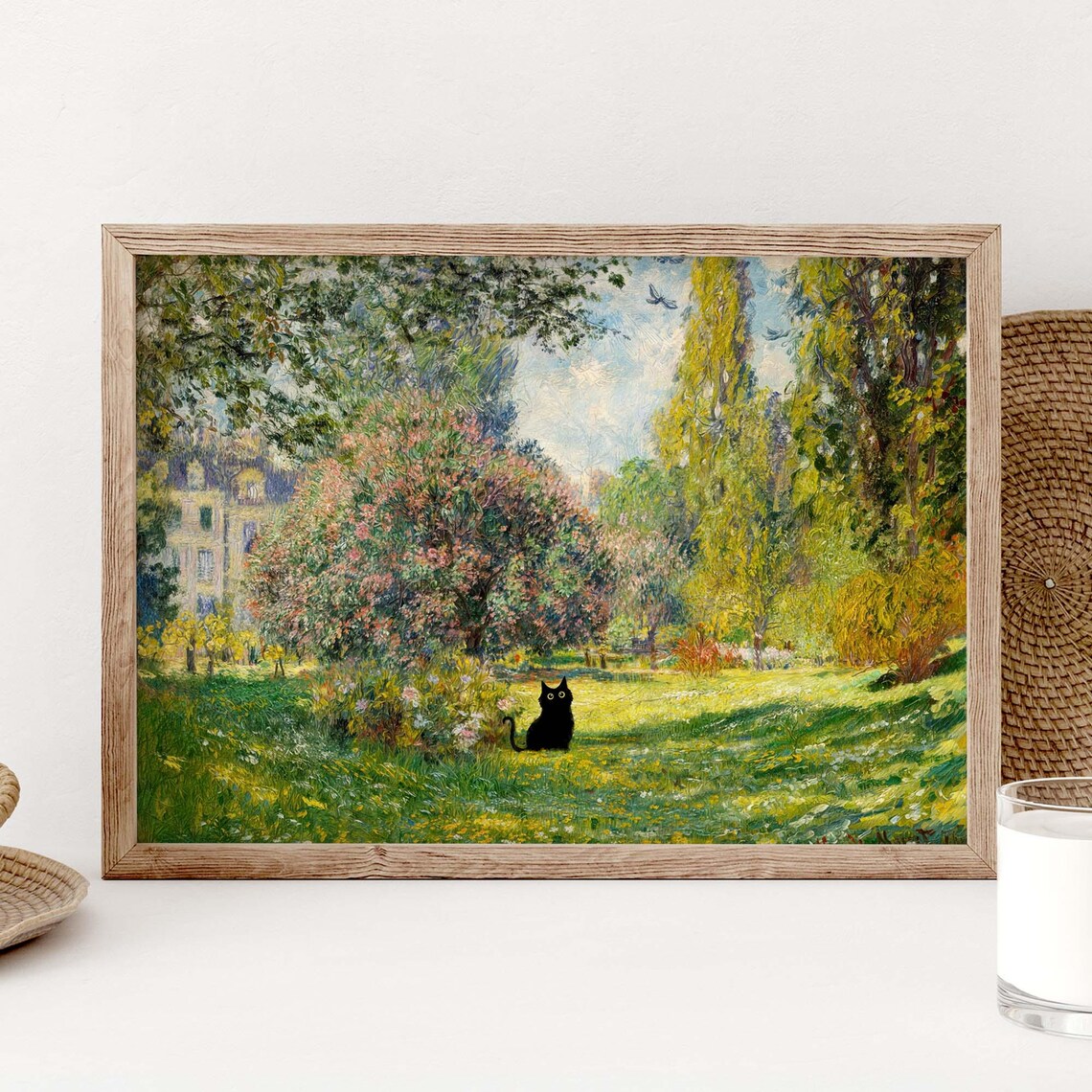 Black Cat Garden, Monet-Inspired Art Print