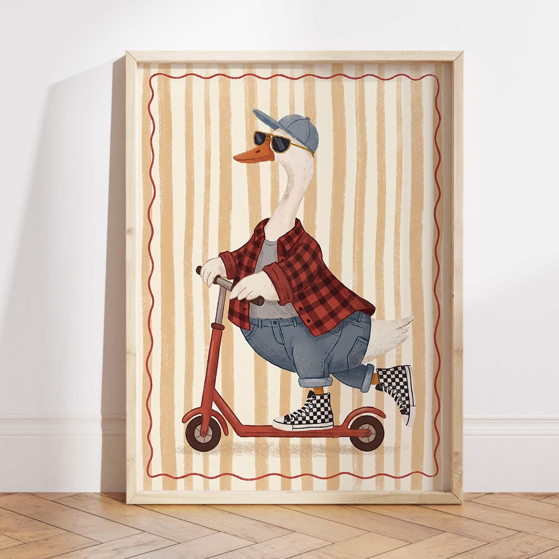 Goose Scooter Nursery Poster Print, Retro Striped Decor