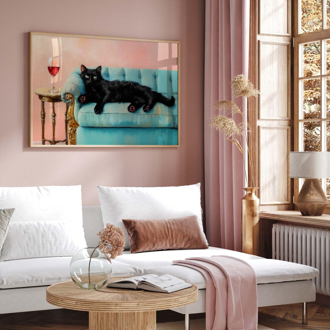 Black Cat Lounging On Turquoise Sofa With Red Wine Glass Poster - Image 3