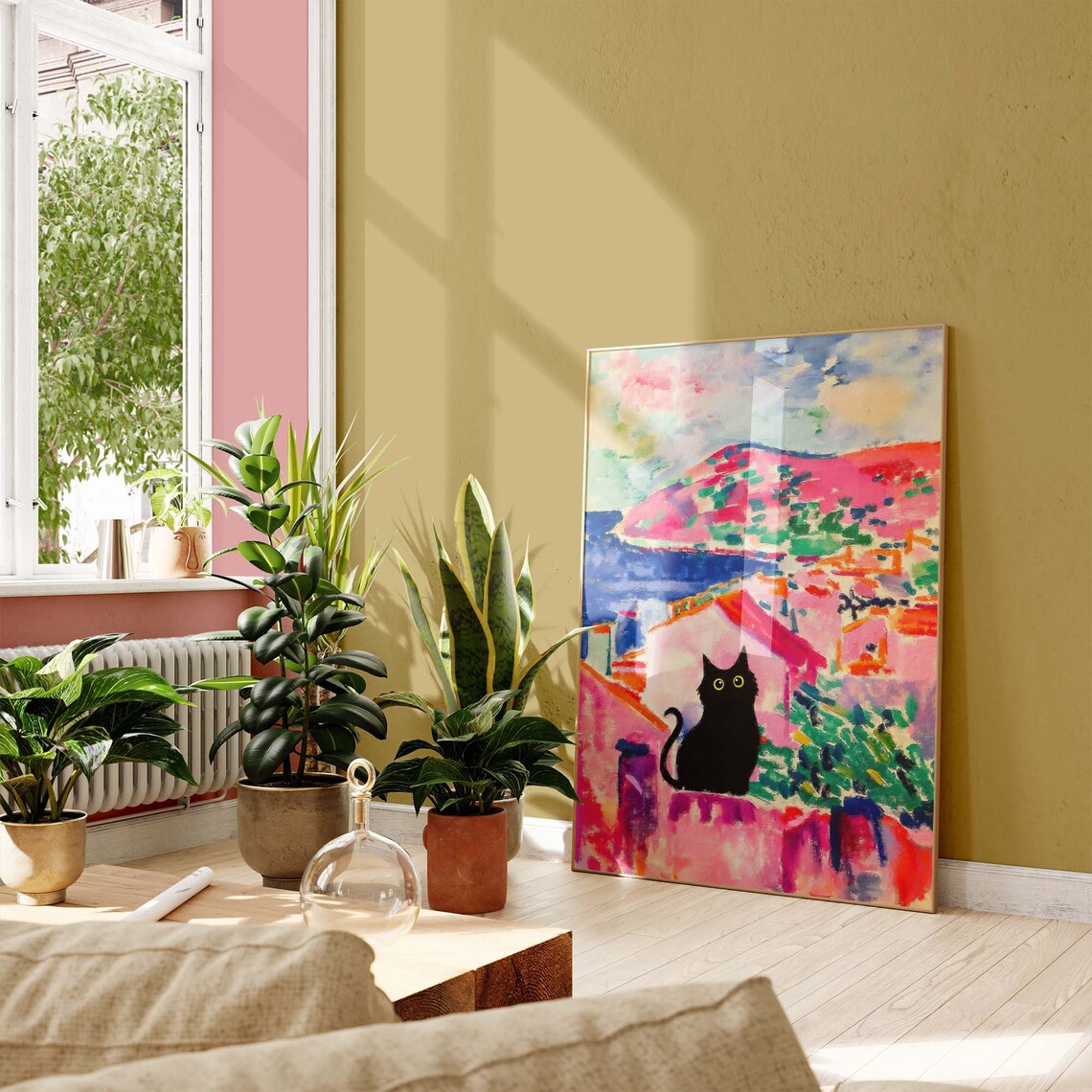 Black Cat Overlooking Matisse Style Coastal Village Art Poster - Image 4