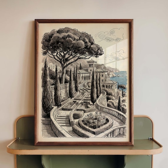 Italian Villa Garden Ink Sketch Coastal Estate Cypress Wall Art