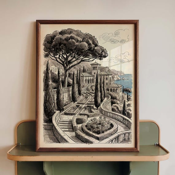 Italian Villa Wall Art Print Black And White Garden Sketch Poster Elegant European Manor Landscape Decor