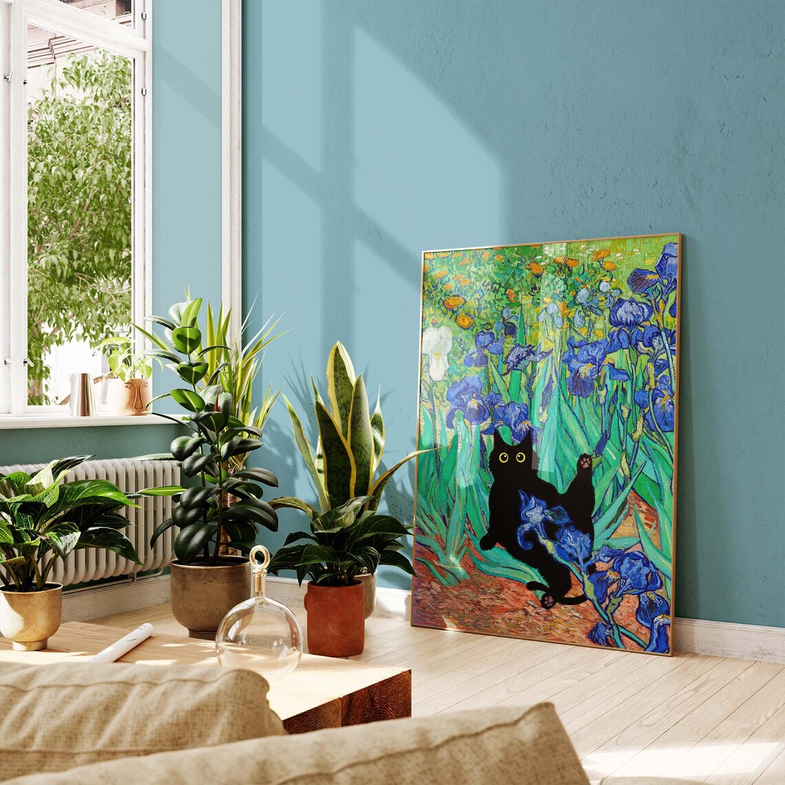 Black Cat Lounging Among Van Gogh Irises in a Funny Floral Art Poster - Image 3