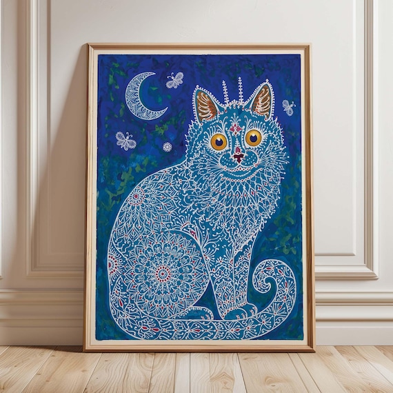 Celestial Cat Wall Art Print Blue Mandala Poster Boho Moon Decor Whimsical Feline Artwork Lover Gift