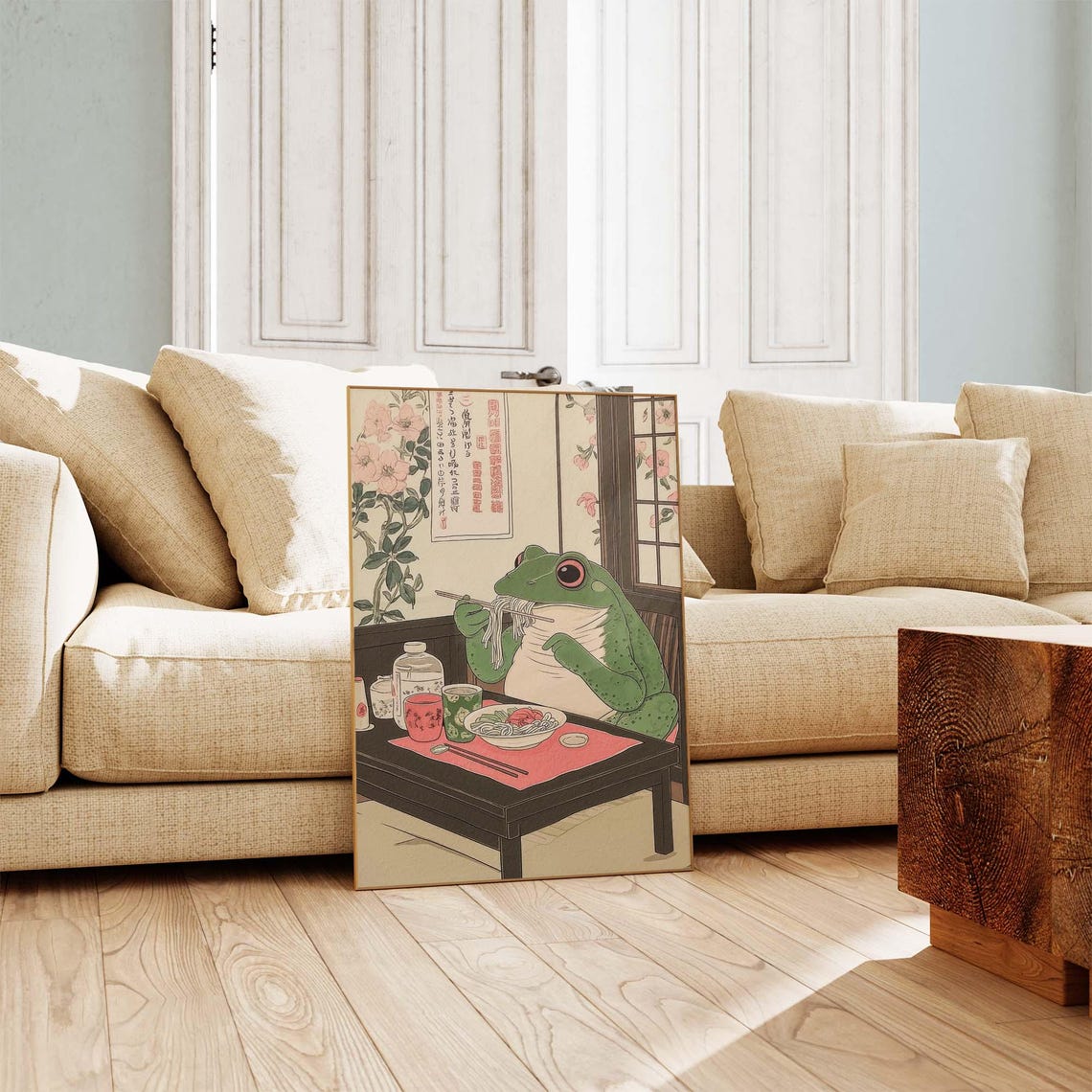 Big Frog Eating Ramen Noodles Japanese Woodblock Humor Poster - Image 3