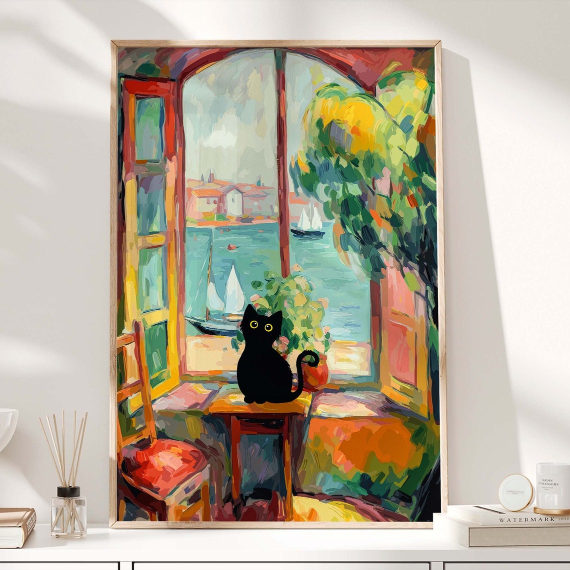 Black Cat At An Open Window Overlooking A Sailboat Harbor Poster - Image 3