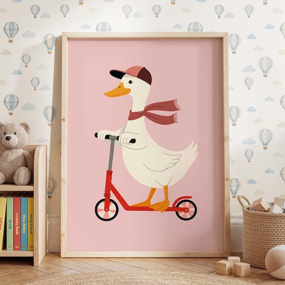Silly Goose Riding Red Scooter Pink Nursery Kids Room Poster