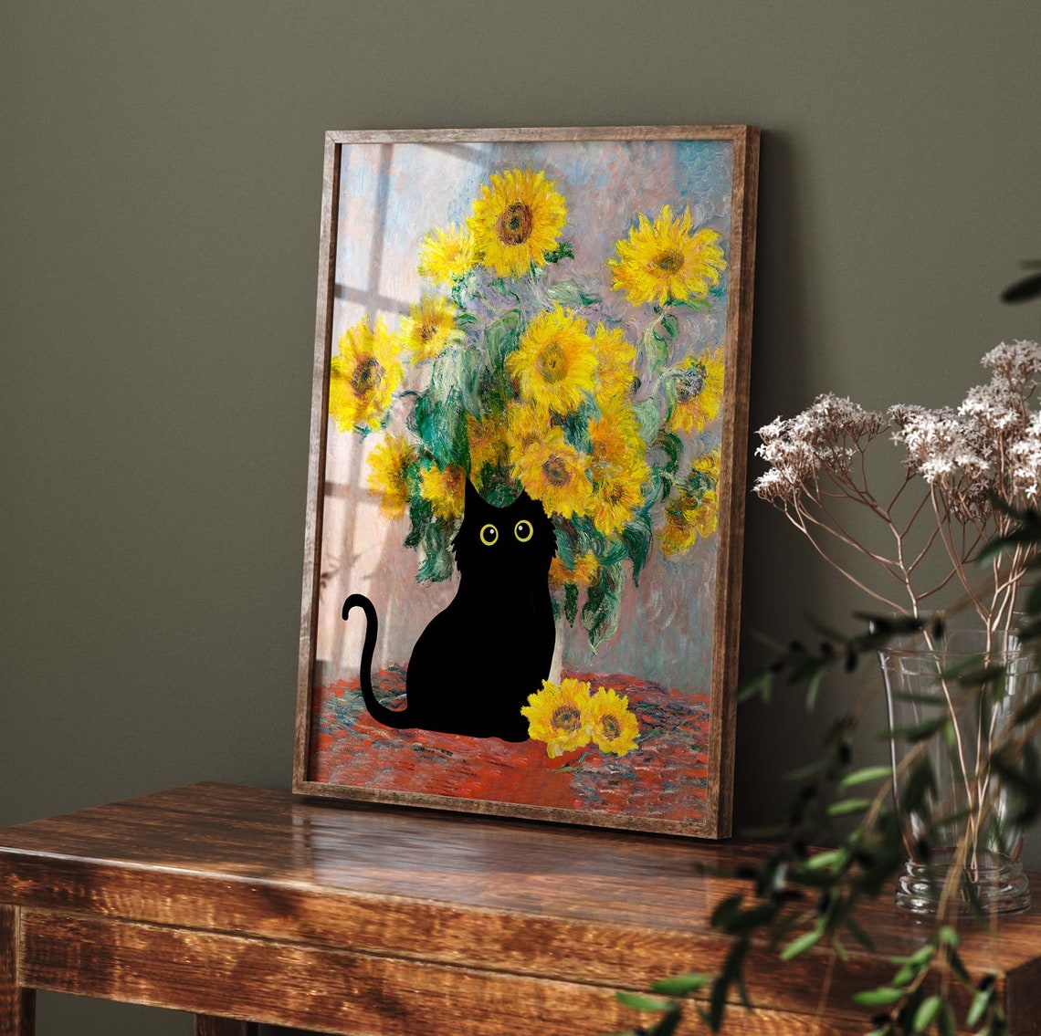 Monet Sunflowers With Black Cat Sitting By Yellow Vase Poster - Image 3