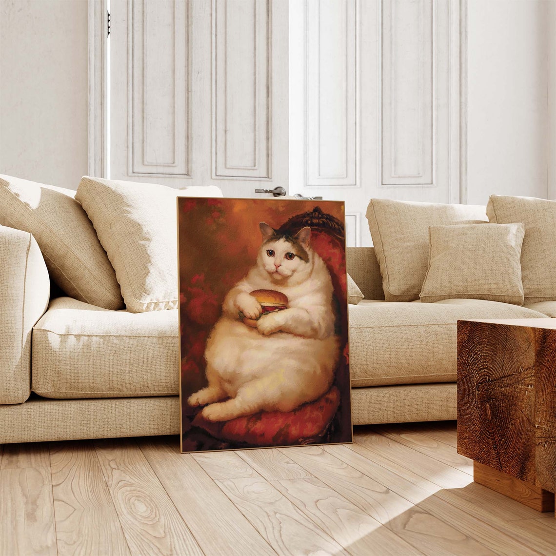 Chubby White Cat Holding A Hamburger Old Master Portrait Poster - Image 4