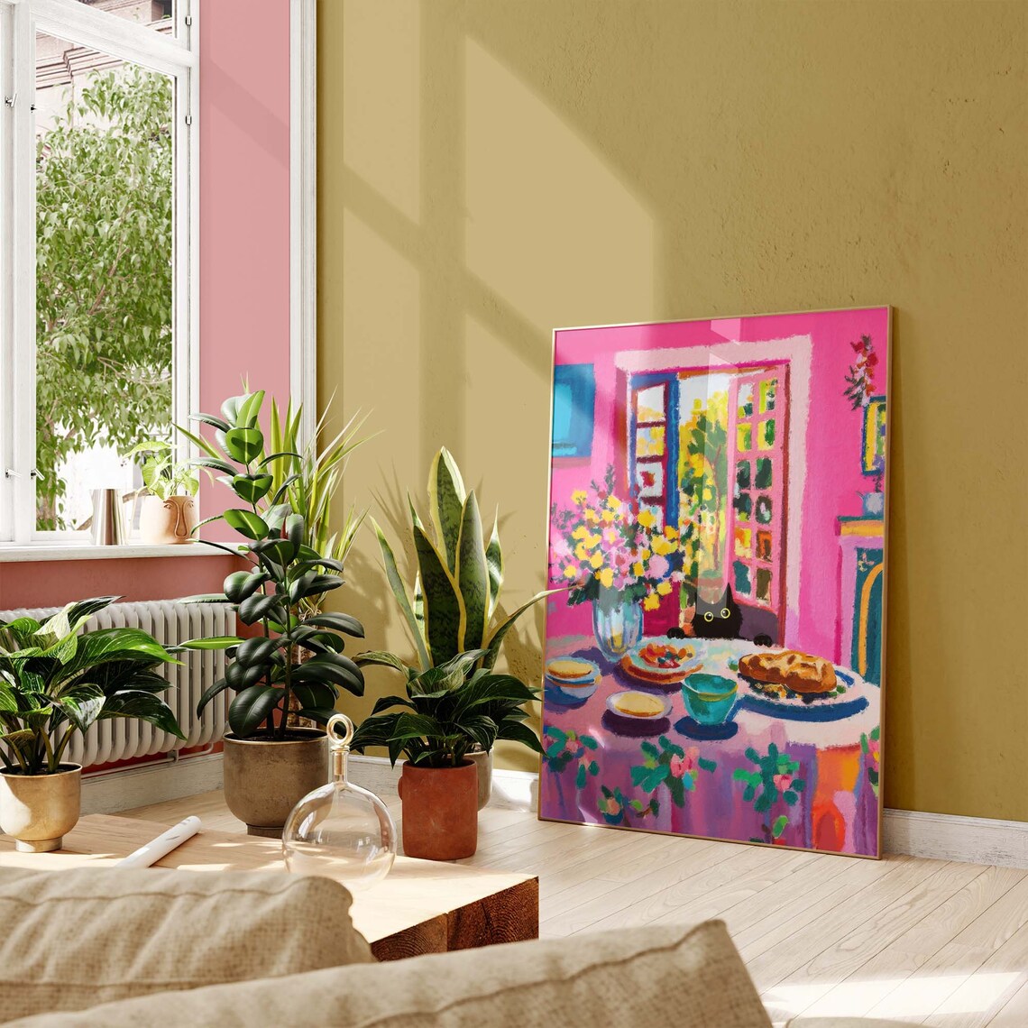 Black Cat Peeking At Pink Matisse Inspired Dining Table With Flowers Poster - Image 2