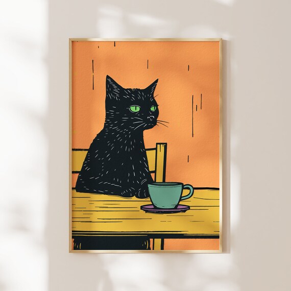 Black Cat At Cafe Table With Green Coffee Cup Woodcut Style Art Poster