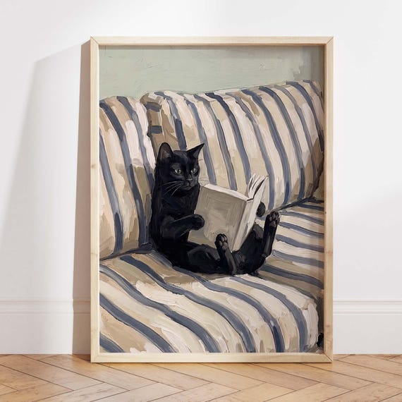 Black Cat Reading Wall Art Print Book Lover Poster Cozy Cottagecore Pet Decor Whimsical Living Room Artwork