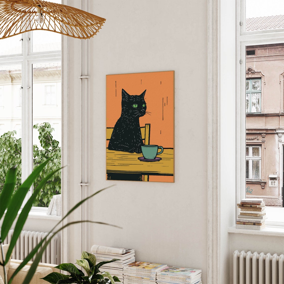 Black Cat At Cafe Table With Green Coffee Cup Woodcut Style Art Poster - Image 2