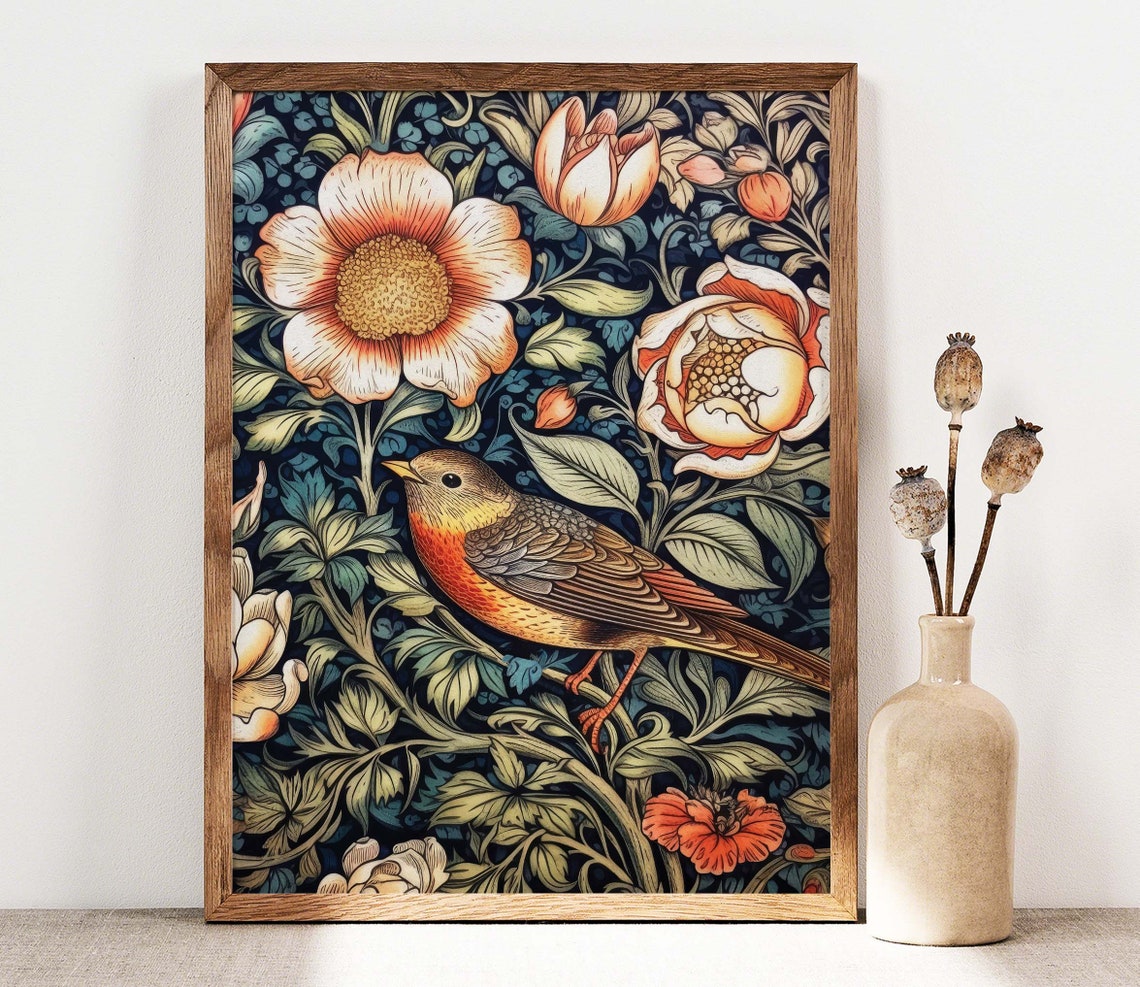 William Morris Inspired Bird Among Blossoms Art Nouveau Poster