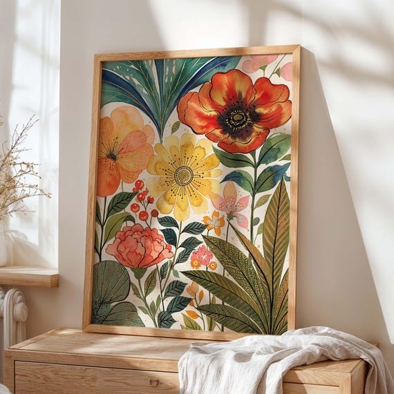 Botanical Floral Wall Art Print Colorful Flower Poster Vintage Garden Decor Maximalist Artwork