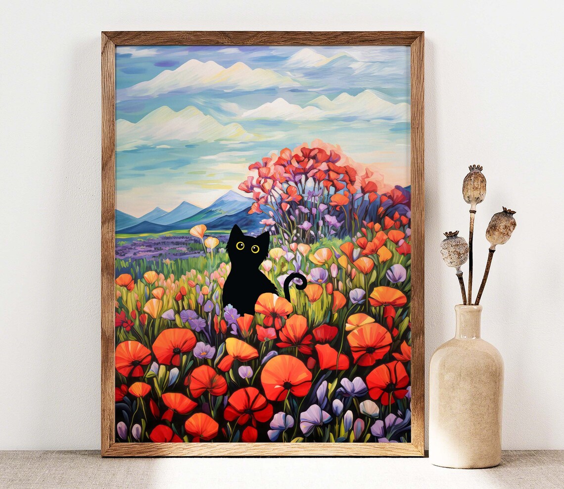 Black Cat Print, Poppy Flower Field Poster Art