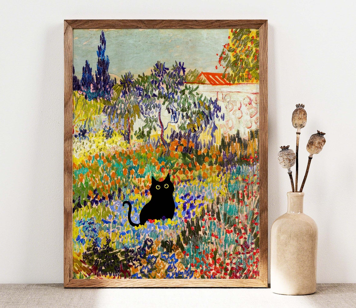 Black Cat in Van Gogh Style Garden With Cypress Trees Poster