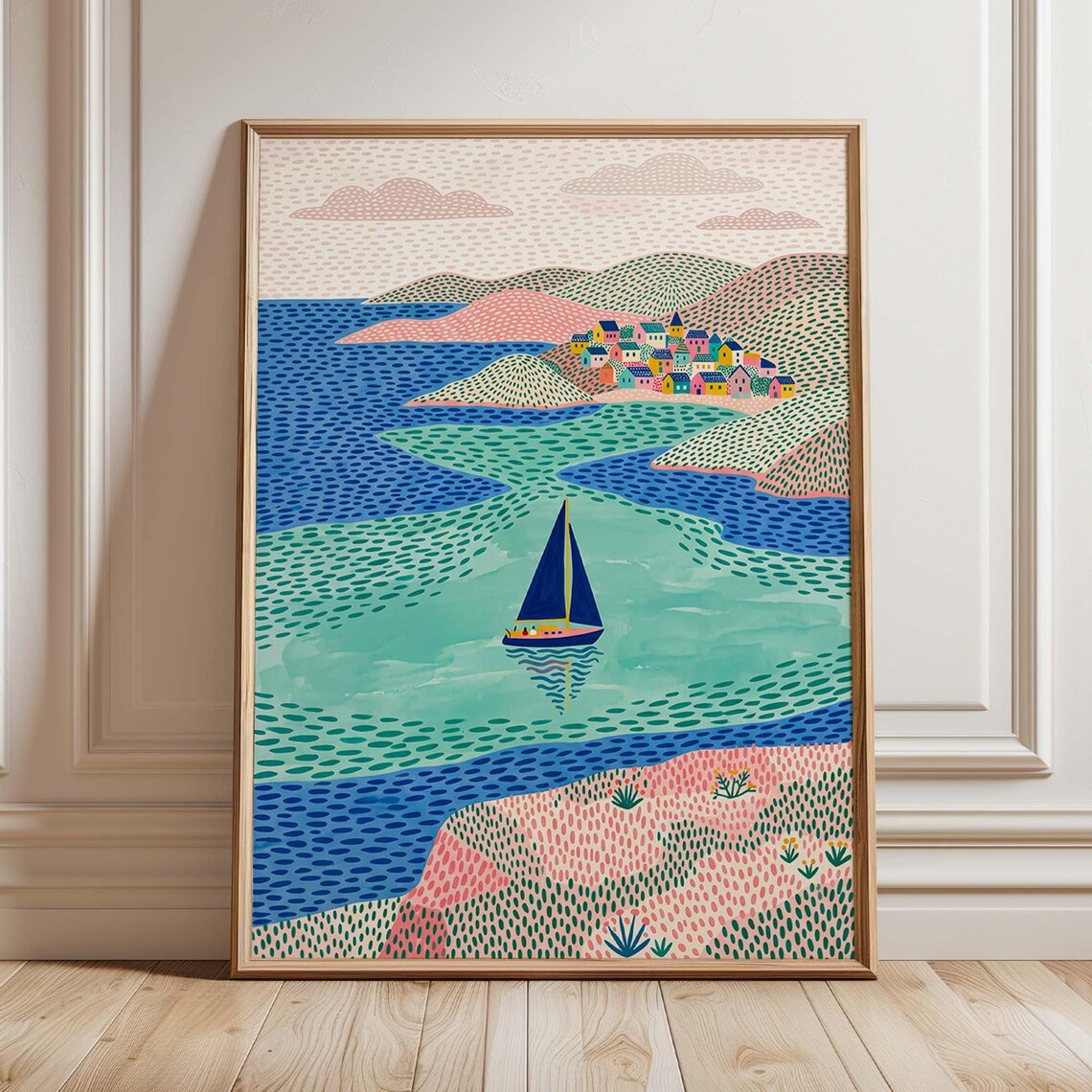 Coastal Sailboat Art Print, Mediterranean Village Poster