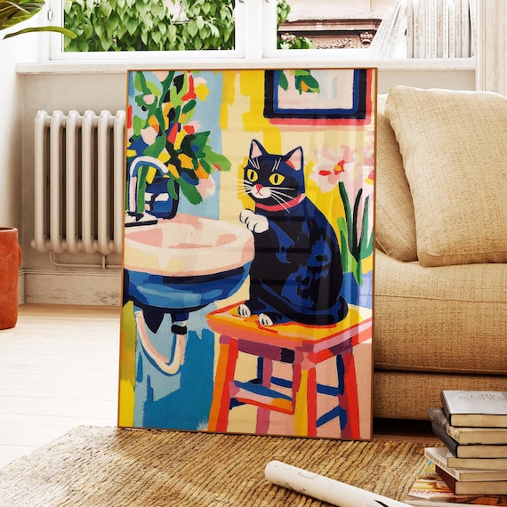 Black Cat Washing Paws At A Pink Bathroom Sink Colorful Modern Art Poster