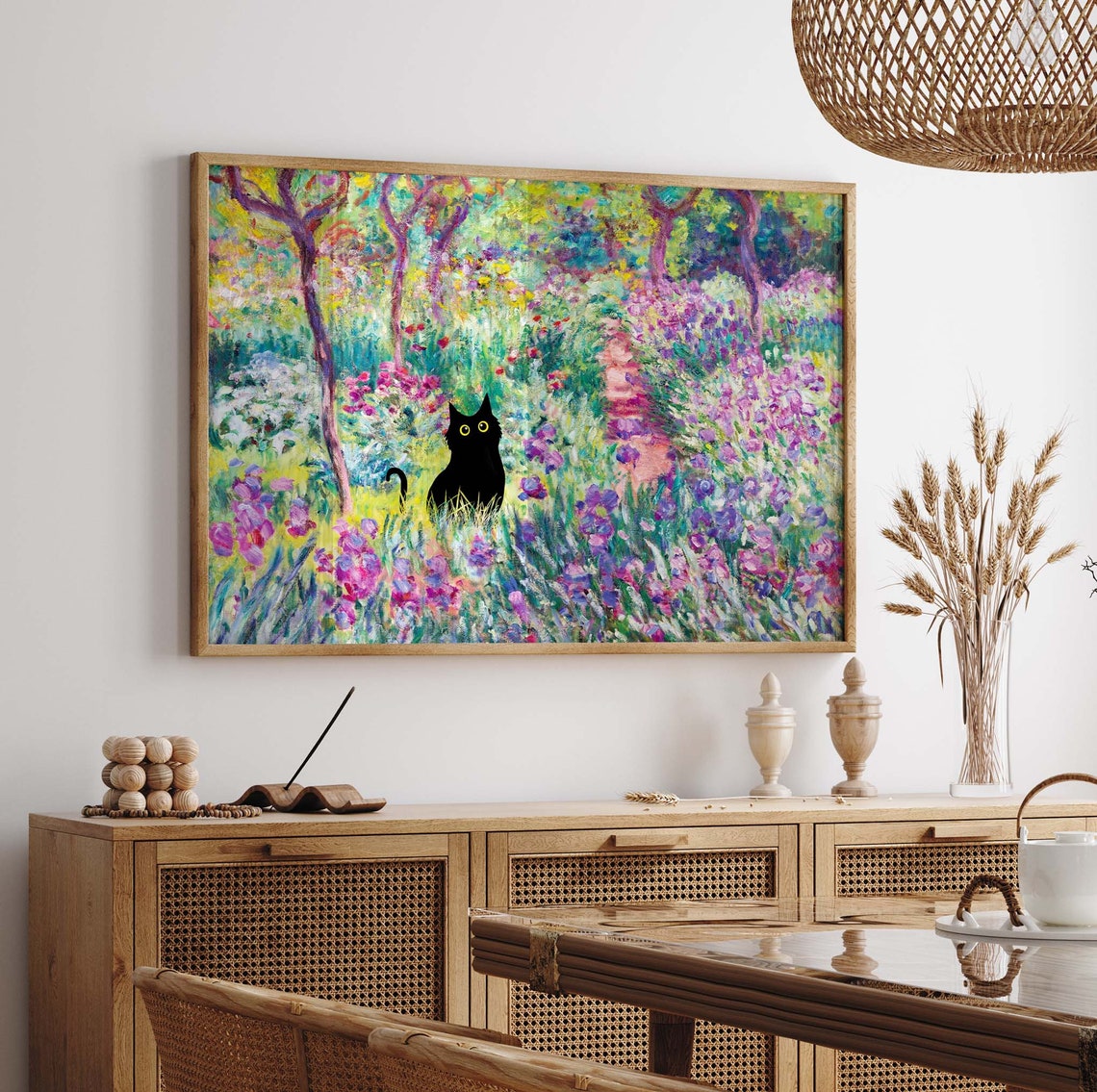 Black Cat Among Purple Irises In Monet Style Flower Garden Poster - Image 2