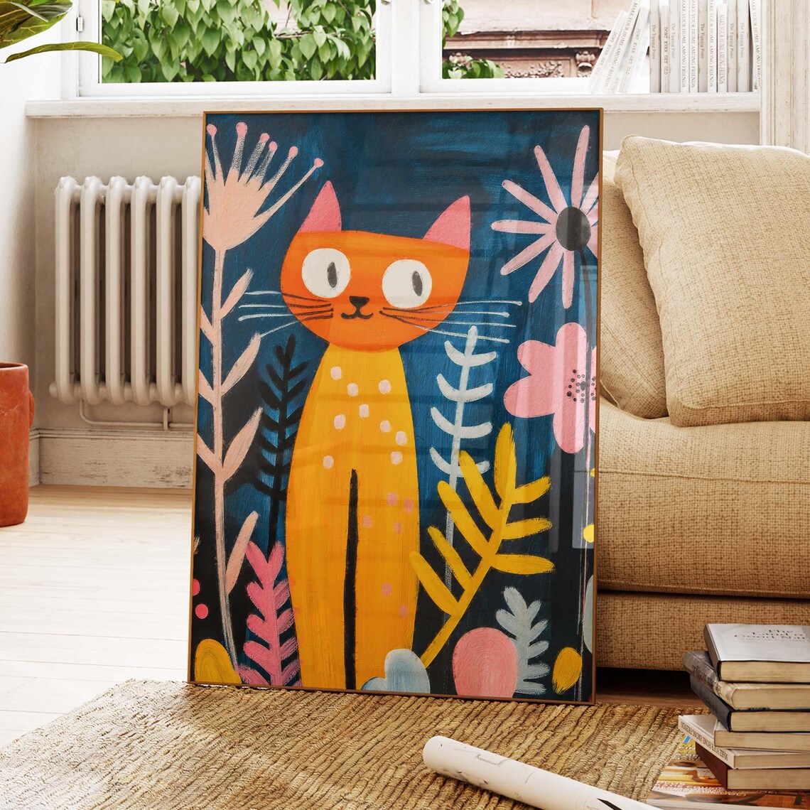 Orange Cat With White Spots Among Pink Flowers On Dark Blue Folk Poster