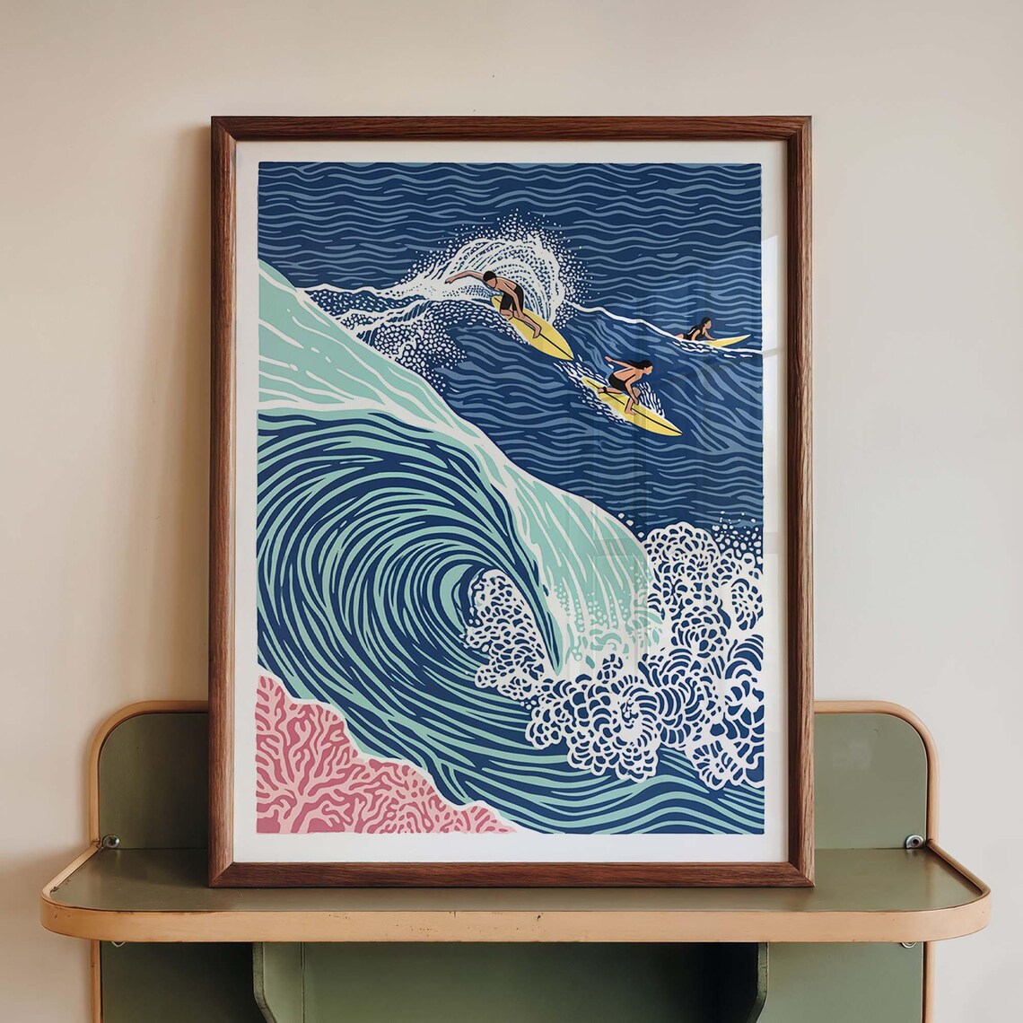 Surfing Coastal Wave Art Print, Blue Beach Decor