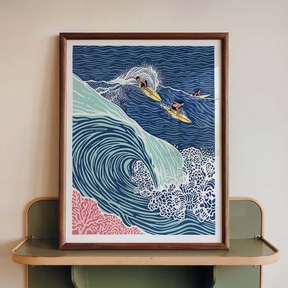 Surfing Coastal Wave Art Print, Blue Beach Decor