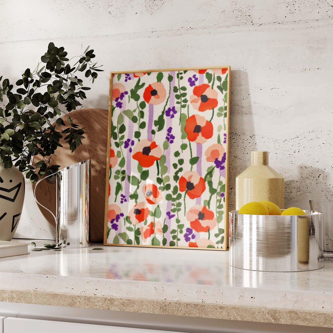 Matisse Inspired Coral Poppy Pattern On Cream Botanical Floral Poster - Image 2