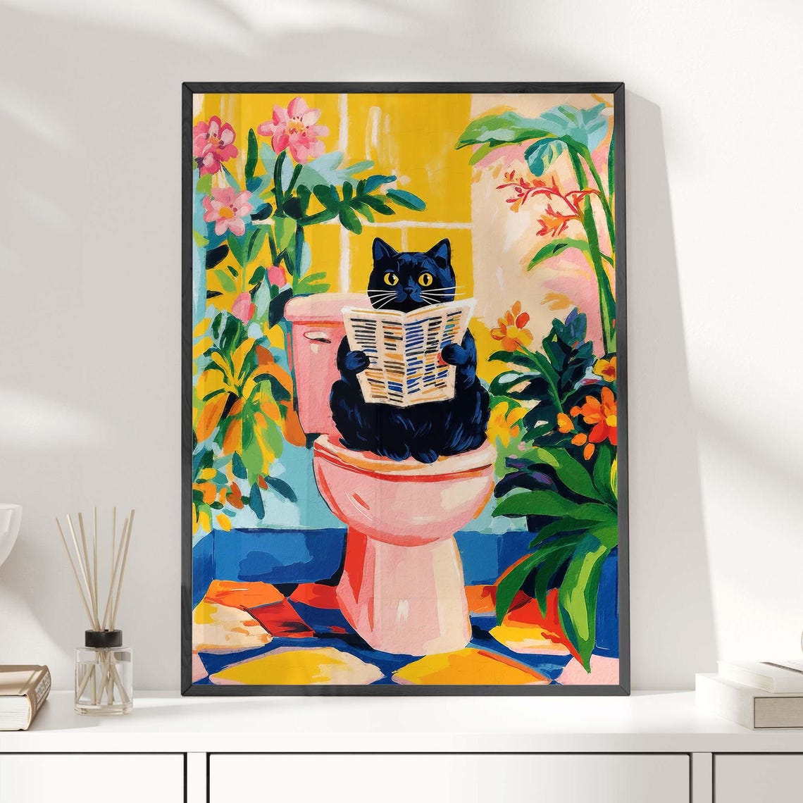 Black Cat Reading Newspaper on Toilet Tropical Matisse Poster - Image 4