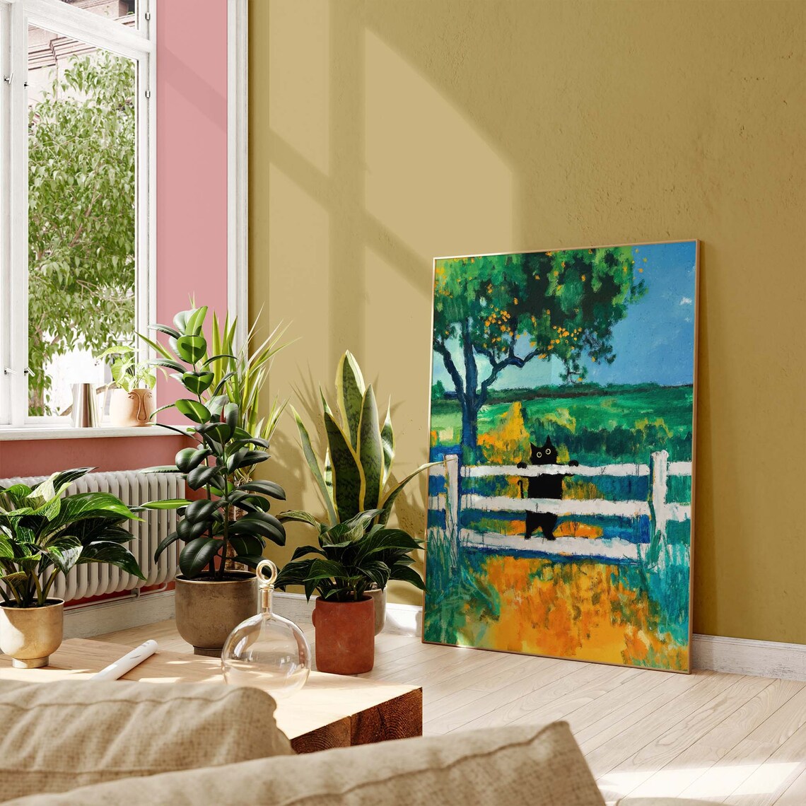 Black Cat Climbing A White Fence In A Countryside Garden Poster - Image 2
