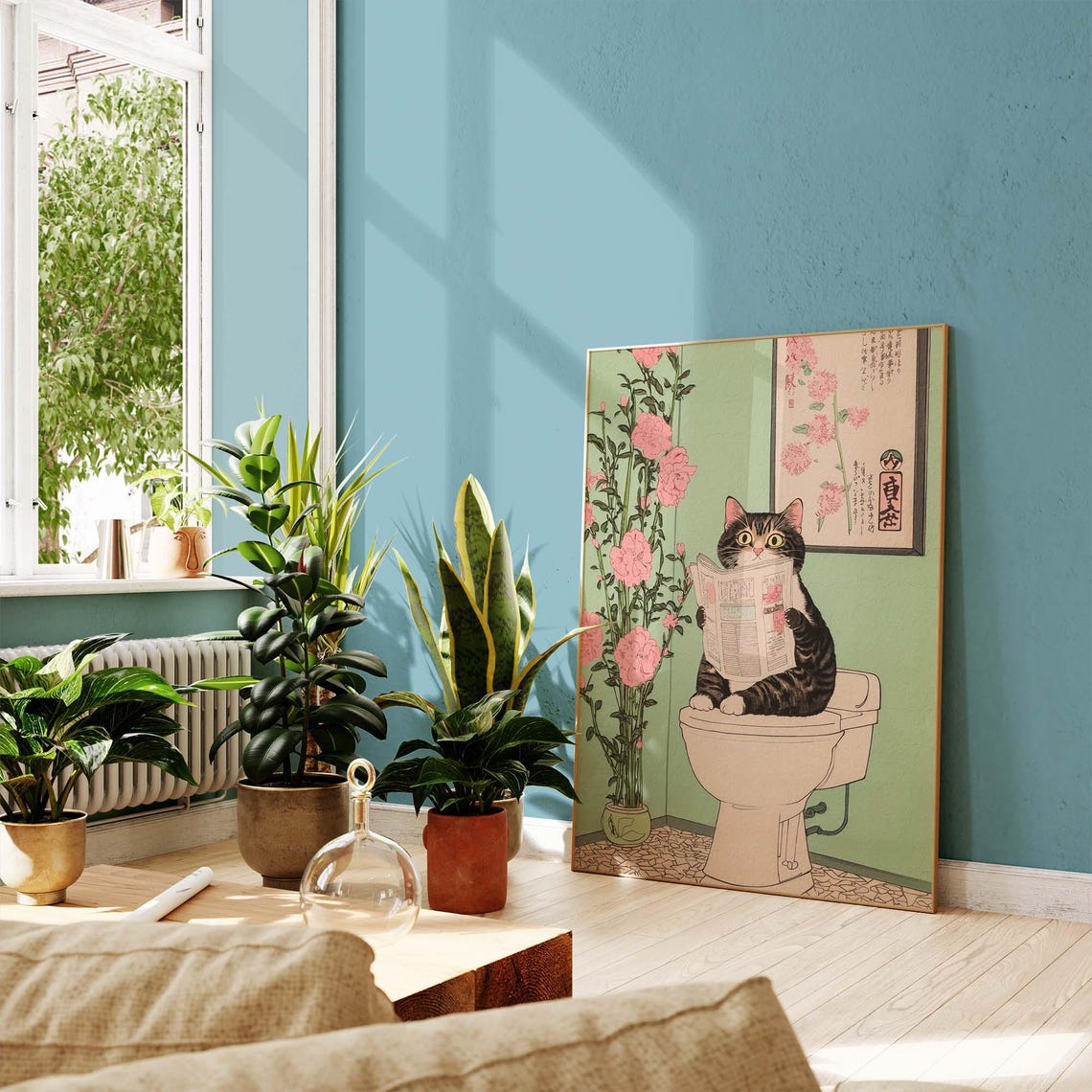 Tabby Cat on Toilet Reading Newspaper Japanese Woodblock Poster - Image 2