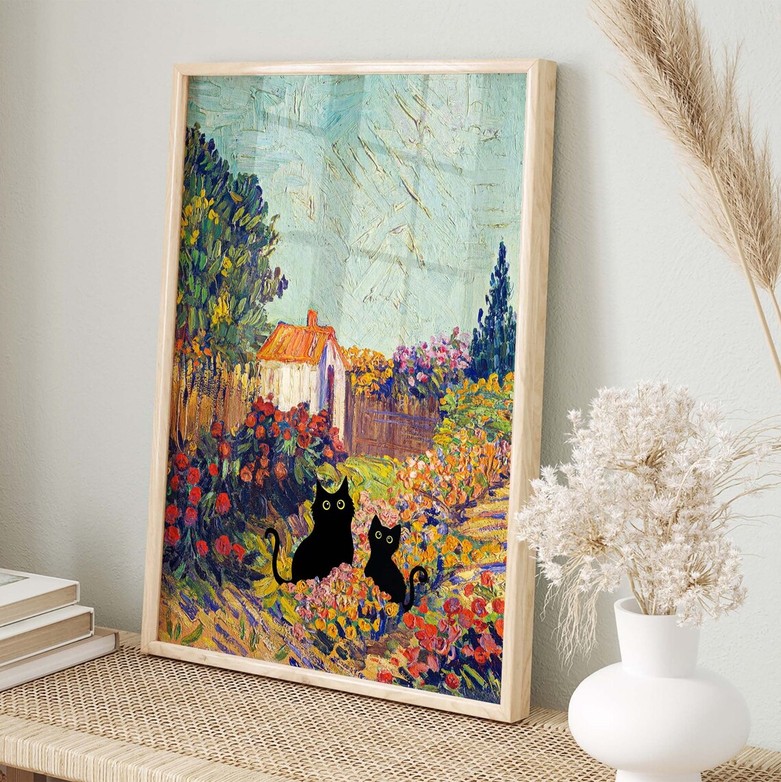 Two Black Cats In Van Gogh Inspired Garden With Orange Cottage Poster - Image 2