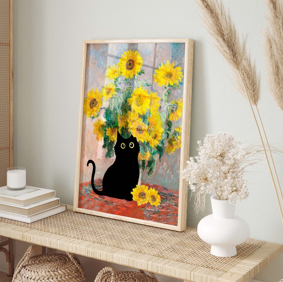Monet Sunflowers With Black Cat Sitting By Yellow Vase Poster - Image 4