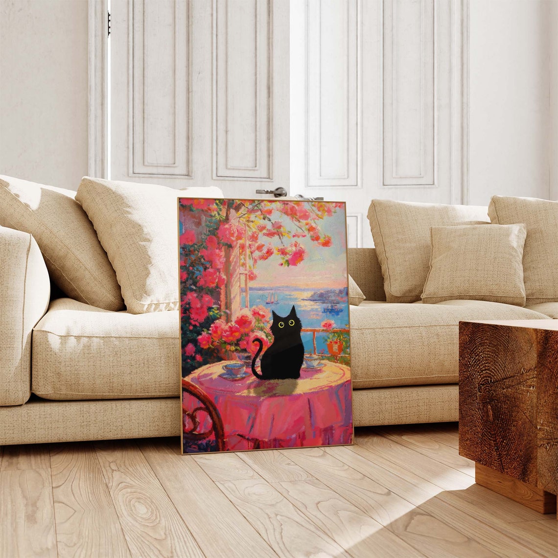 Black Cat On Cafe Table Overlooking Pink Blossom Seaside Harbor Poster - Image 4