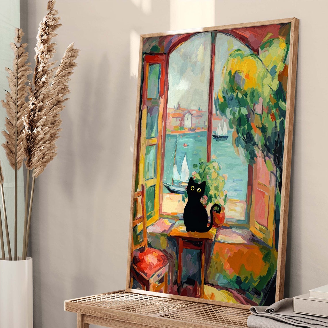 Black Cat At An Open Window Overlooking A Sailboat Harbor Poster - Image 4