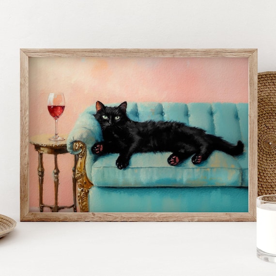 Black Cat Lounging On Turquoise Sofa With Red Wine Glass Poster