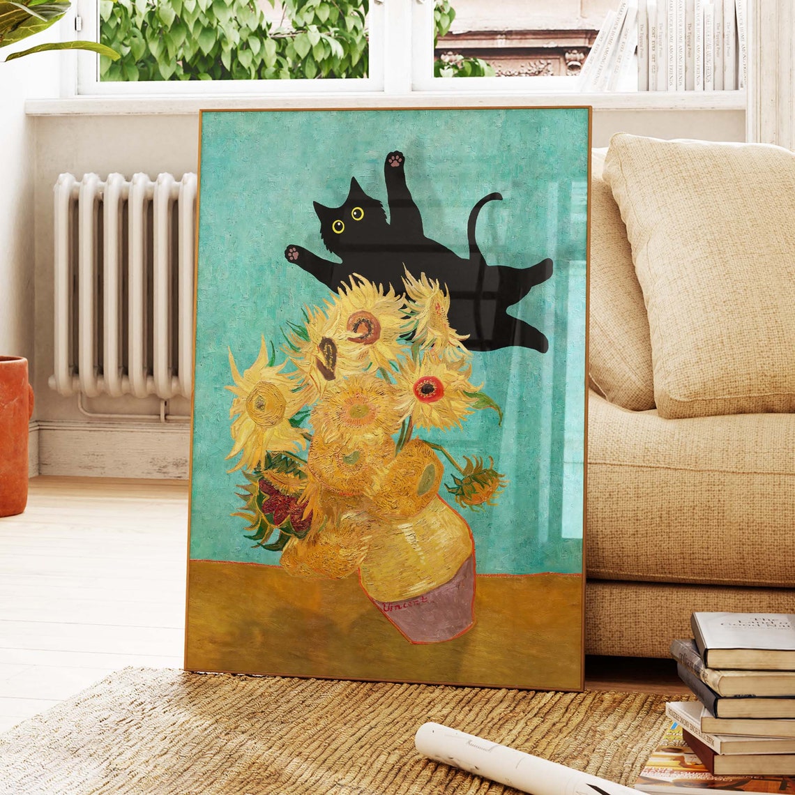 Black Cat Leaping Over Van Gogh Sunflower Vase Fun Art Poster