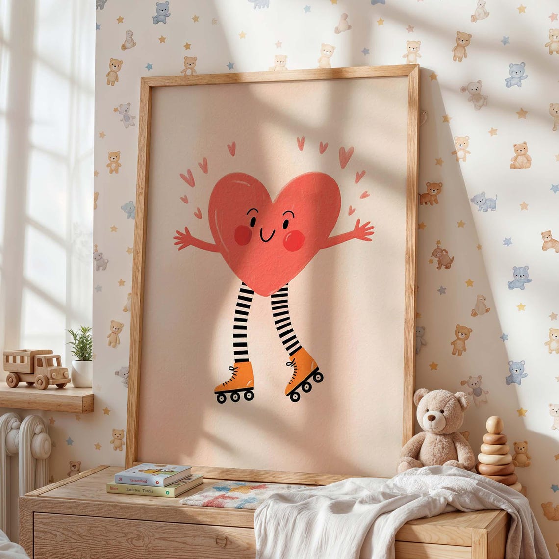Happy Heart Roller Skate Cute Nursery Playful Kids Room Art Print