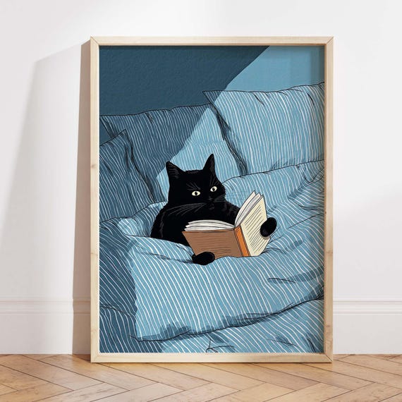 Black Cat Reading Art Print Bookish Poster For Bedroom Cozy Wall Decor Nook Gift Book Worm