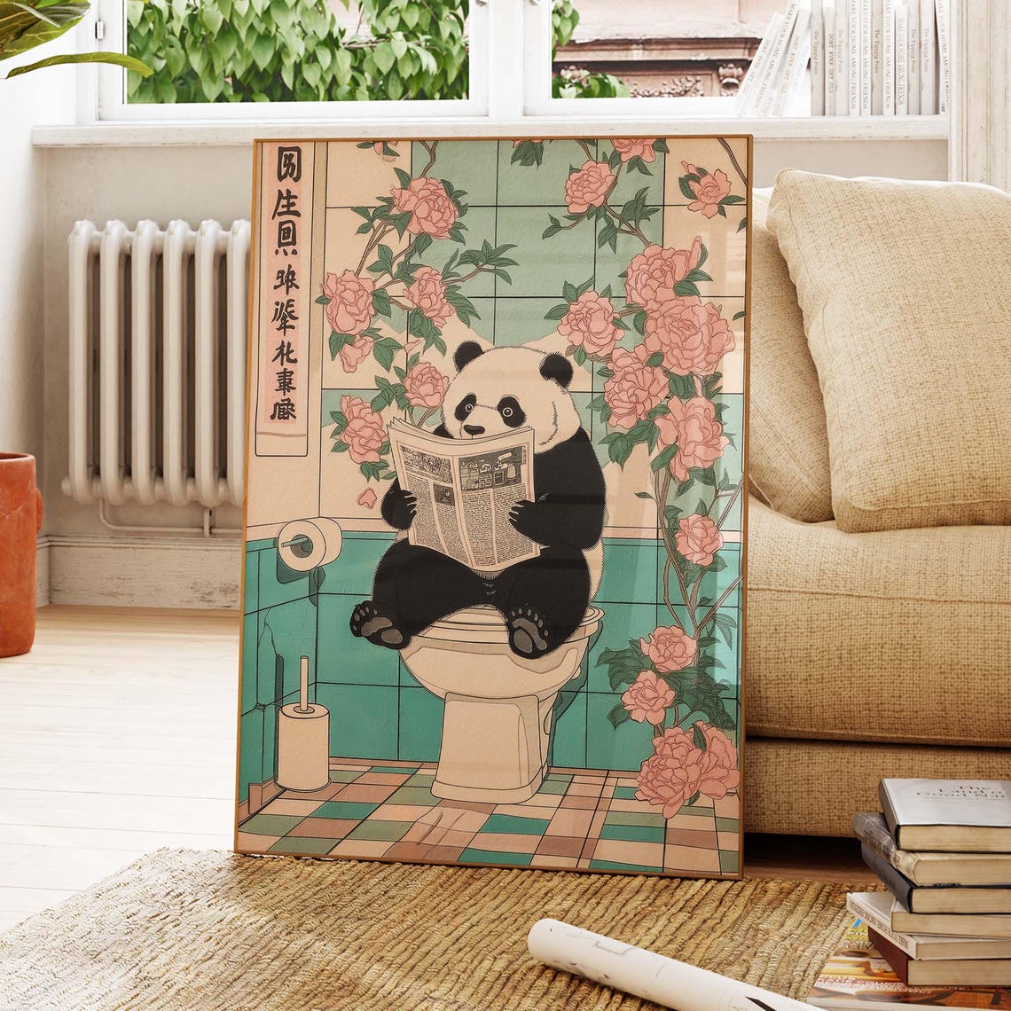 Panda Sitting On Toilet Reading Newspaper In Japanese Bathroom Poster - Image 4