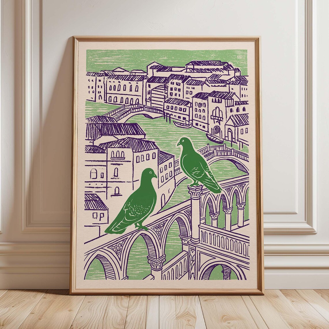 Venice Pigeons Green And Purple Linocut Canal Cityscape Poster