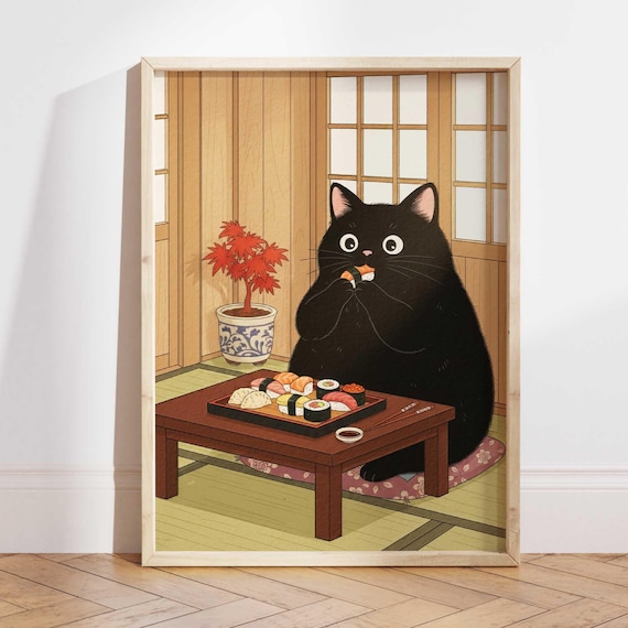 Chubby Black Cat Eating Sushi in Japanese Room Cute Art Poster