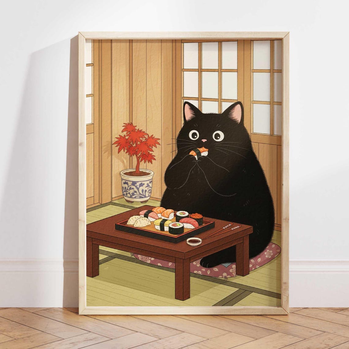 Chubby Black Cat Eating Sushi in Japanese Room Cute Art Poster