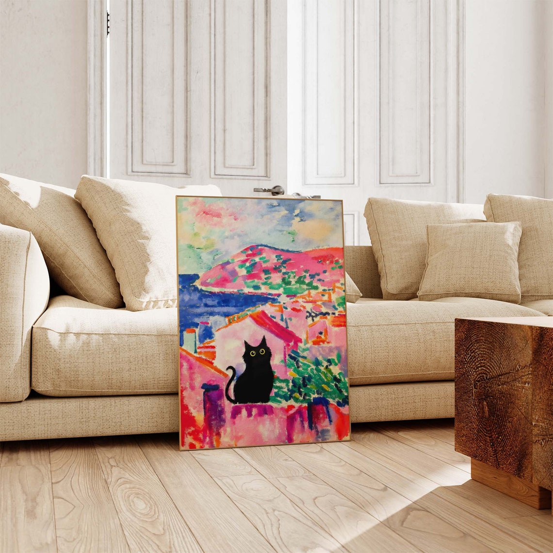 Black Cat Overlooking Matisse Style Coastal Village Art Poster - Image 3